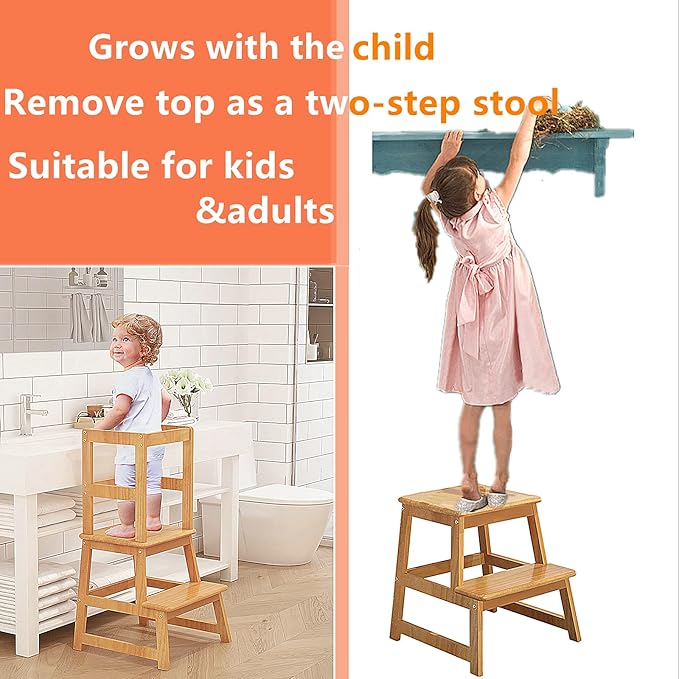 Kitchen Step Stool for Kids and Toddlers with Safety Rail, Kids Step Stool Standing Tower Learning Stool for Bathroom& Kitchen