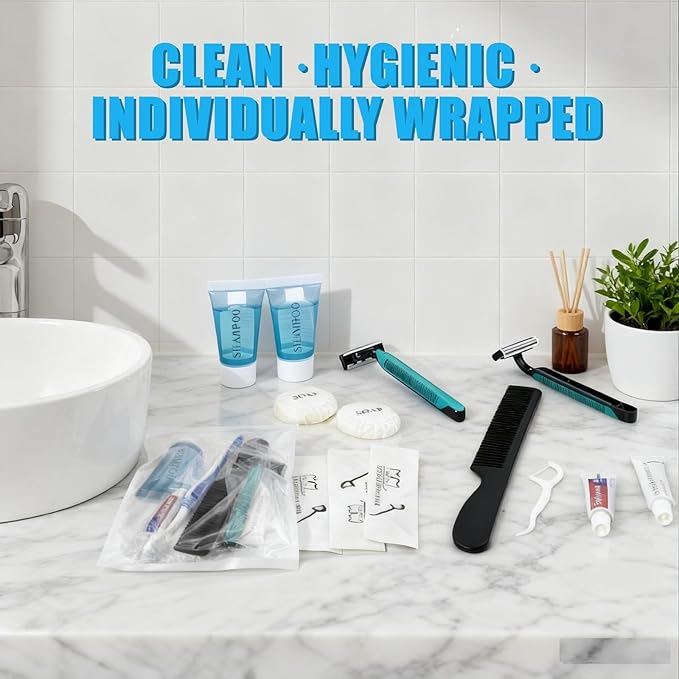 50 Pack Hygiene Kits for Homeless in Bulk, 8-in-1 Personal Toiletry Kit Individually Packed with Toothbrush, Toothpaste, Comb, Flossers,Shampoo, Soap, Razor & Shaving Cream