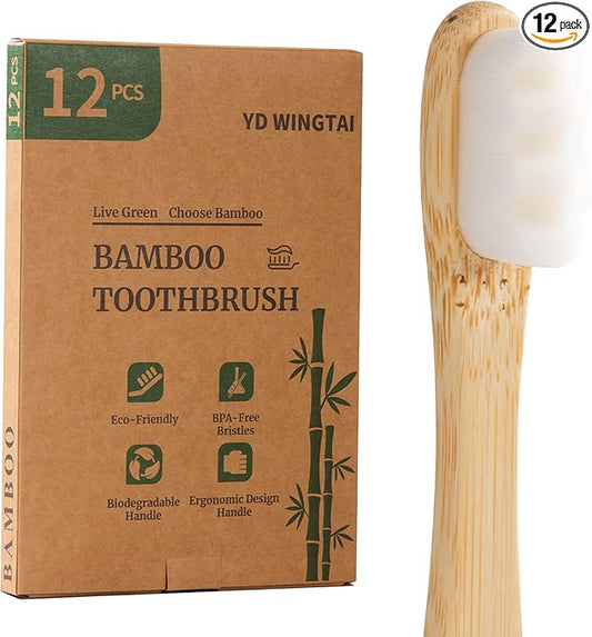 Bamboo Toothbrush BPA-Free Bristles Biodegradable Handle Ergonomic Design 12 Pack Natural Wooden Oral Care Set for Adults