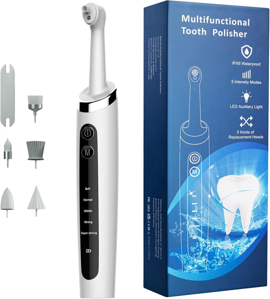 Dentist Tooth Polisher,Electric Tooth Polisher Professional with 5 Replacement Heads & Cleaning Modes, USB Rechargeable, Ipx6 Waterproof, Dental Polisher for Adults & Kids White.