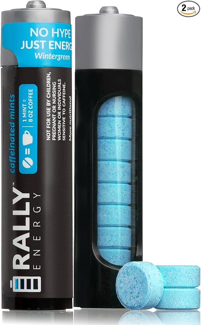 Caffeine Mints by Rally, 60 Milligram Caffeine, Instant Energy, Fresh Breath Caffeinated Minty Candy, 0 Sugar, Natural Wintergreen Flavor (2 Packs, 20 Mints)