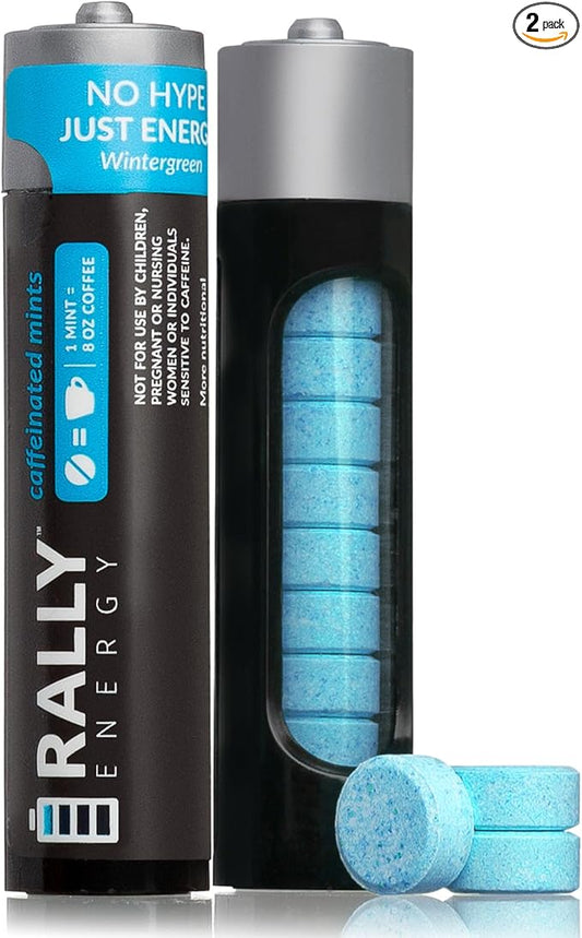 Caffeine Mints by Rally, 60 Milligram Caffeine, Instant Energy, Fresh Breath Caffeinated Minty Candy, 0 Sugar, Natural Wintergreen Flavor (2 Packs, 20 Mints)
