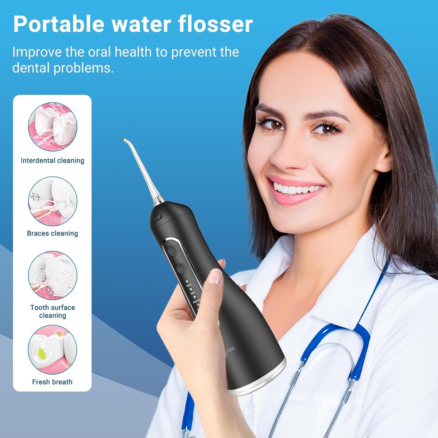 Cordless Water Dental Flosser Oral irrigator,JNGOODS 300ml Rechargeable Water flosser for Teeth IPX7 Waterproof 4 Modes Portable Oral Irrigator with 4 Jet Tips, Travel Home use