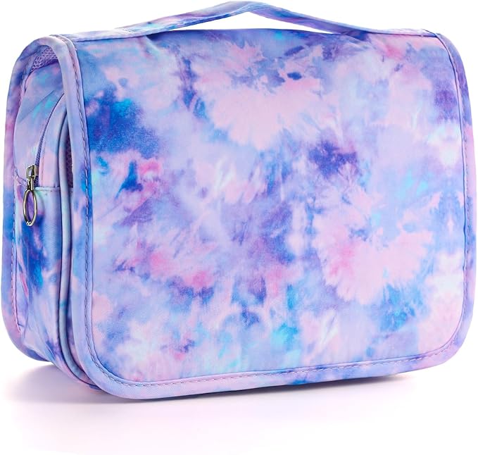 Kids Hanging Toiletry Bag for Girls, Travel Toiletry Bag for Little Young Girls Cosmetic Makeup Waterproof Wash Bag Toddler Traveling Toiletries, Tie Dye Purple