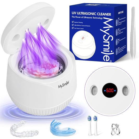 MySmile Ultrasonic Retainer Cleaner- 45kHz Denture Cleaner Machine with 200ML Capacity for Aligner, Mouth Guard, Braces, Portable Dental Cleaning Pod with 2 Mode Digital Timer for Home, Travel (WHITE)