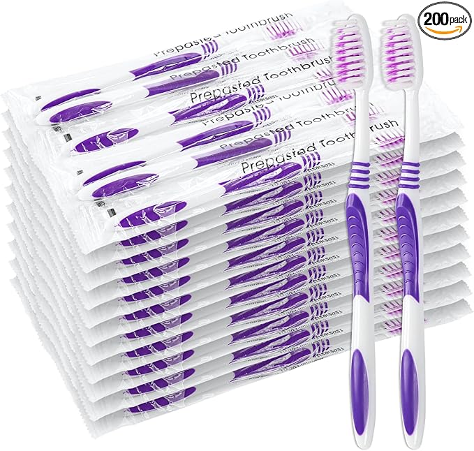 200 Prepasted Disposable Toothbrushes Individually Wrapped Pre Pasted Toothbrushes Soft Bristle Travel Tooth Brush Single Use Wrapped for Hotel, Camping, Travel and Gift for The Homeless (purple)