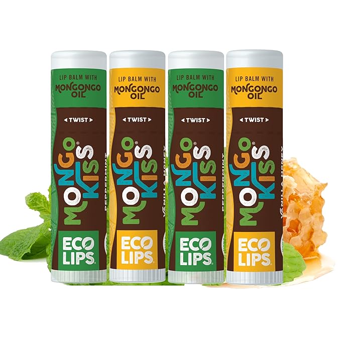 Eco Lips Mongo Kiss Organic Lip Balm 4 Pack - 100 Percent USDA Organic - Soothe, Moisturize Dry, Cracked and Chapped Lips - Made in USA (Peppermint & Vanilla Honey)