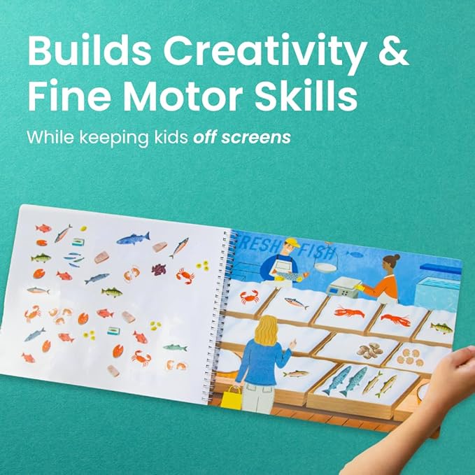 CUPKIN Sticker Book for Kids 2-4, 500+ Kids Stickers, Farmer's Market 12 Coloring Pages 12 Side by Side Scenes, Fun Toddler Travel Activity Coloring and Sticker Books for Children Ages 4-8 + 8-10