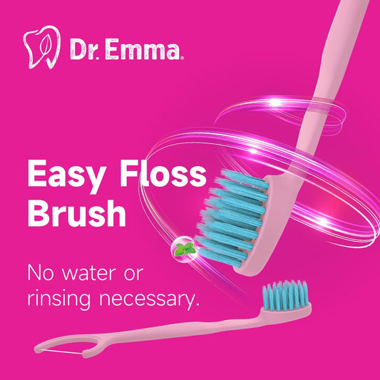 Dr. Emma Mini Brush Disposable Toothbrushes with Floss, Travel Mint Toothbrush for On-The-Go Use, 24 Packs Individually Wrapped Small Portable Toothbrush, Pink