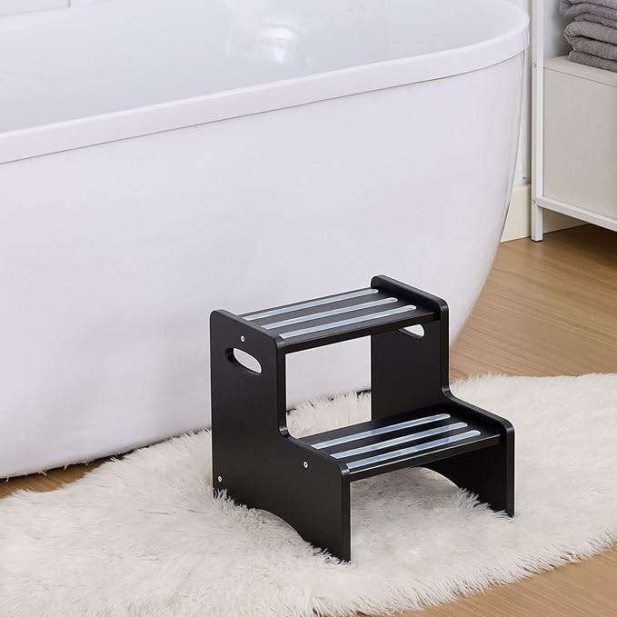 Wooden Step Stool for Kids, Toddler 2 Step Stool with Non-Slip Pads & Handles, Heavy Duty Potty Training Stool for Bathroom Sink, Toilet, Kitchen, Bedroom (Black)