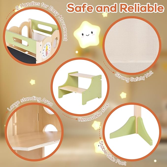 6 in 1 Toddler Tower with Removable Ladder, Foldable Wooden Kitchen Step Stool for Kids, Adjustable Children Helper Tower for Baby, Standing Tower with Safety Equipment and Black Board