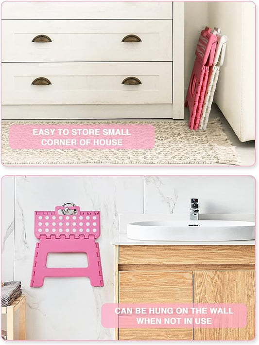 Dyforce Folding Step Stool 9 Inch, Kids Step Stool, Heavy Duty Step Stools for Adults, Compact Foot Stools, Light-Weight Toddler Step Stools for Kitchen, Bathroom, Holds Up to 300 lbs (Pink)