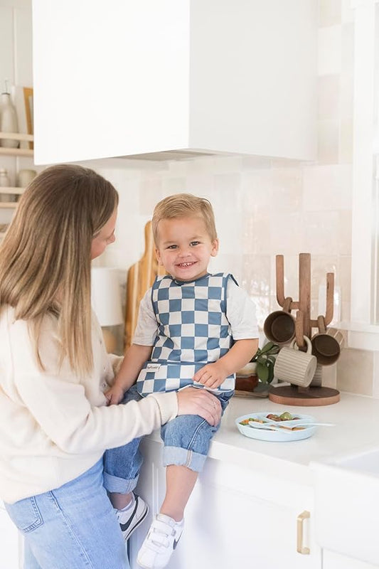 Tiny Twinkle Mess Proof Baby Bib for Boys | Waterproof Toddler Bib for Eating | Baby Apron for Feeding, Machine Washable | Perfect Shower Gift (Blue Checkers, 6–24M)