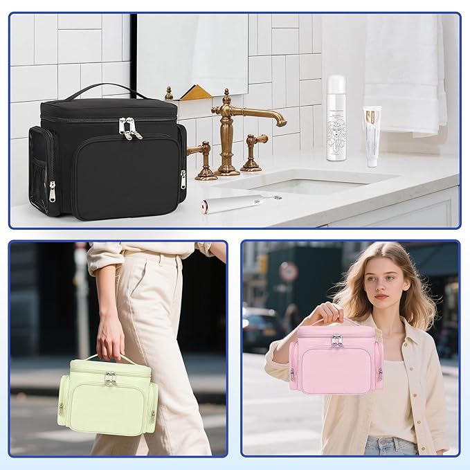 Large Makeup Bag, Travel Toiletry Bag for Women, Lightweight Cosmetic Makeup Bag Organizer with Handle and Clear Side Pockets for Traveling, Accessories, Essentials, Toiletries, Black