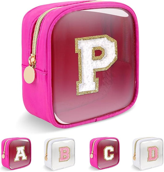 Personalized Initial Letter Clear Preppy Makeup Bag,Mini Nylon Chenille Letter Cosmetic Bag Cute Zipper Pouch Coin Purse for Teen Girls,Portable TSA Approved Travel Essentials Bag Gift for Women,P