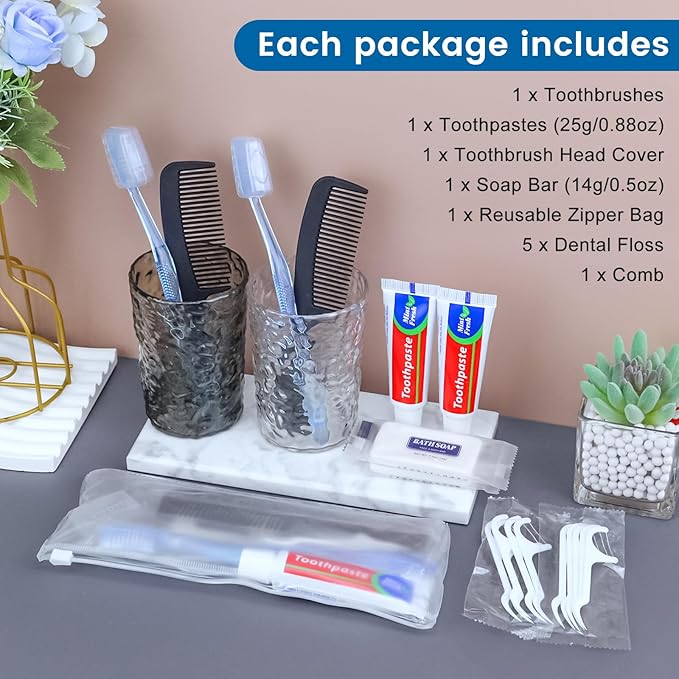 5 Sets Personal Hygiene Kit Bulk, Disposable Toothbrushes with Toothpaste Floss Comb Soap and Cover, Toiletry Kits Homeless Supplies Bulk for Women,Men,Travel,Homeless