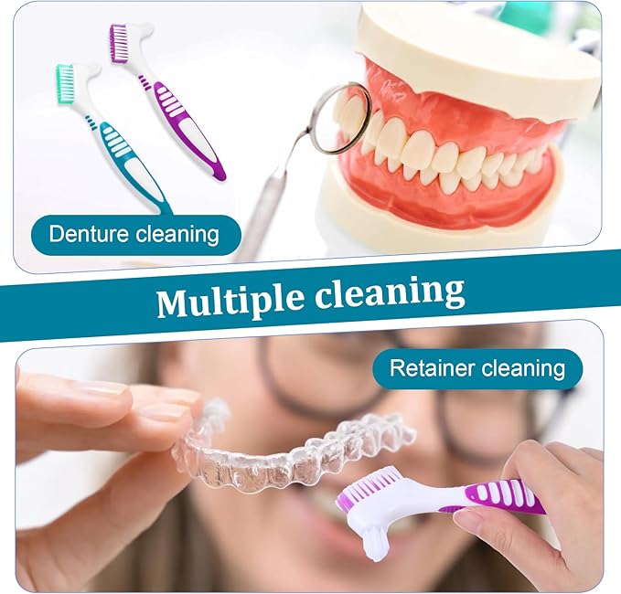 2pcs Denture Brush, Denture Cleaning Brush Set with White Carrying Case Denture Toothbrushes with Multi-Layered Soft Bristles and Rubber Anti-Slip Handle (Purple + Green)