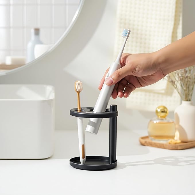 Metal Toothbrush Holder Stand for Bathroom: Stainless Steel Ventilated Organizer with Slots for Electric Toothbrushes, Toothpaste, Razors & Small Comb, Unique Footprint Base Design, Black