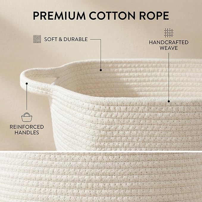 BOMINICA Cotton Rope Storage Basket with Handles, Natural Woven Basket, Decorative Rectangle Organizer Bin for Home, Nursery, Montessori, Pet Toy Storage and Bathroom Organization, White