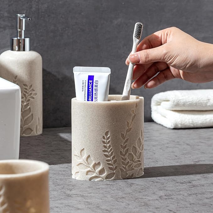 Bathroom Accessories Set, 4 PCS Bathroom Accessory Sets with Soap Dispenser 13 OZ, Toothbrush Holder, Tumbler, Soap Dish, Bathroom Countertop Organizer, Sea Bathroom Decor (Leaf Beach)