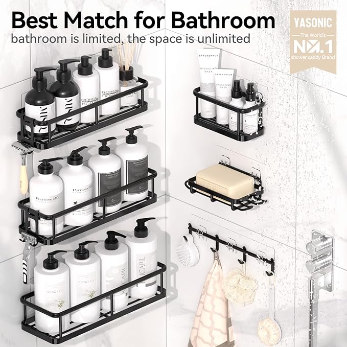 YASONIC Shower Caddy, 100% Rustproof Shower Shelves for Inside Shower, No Drilling Bathroom Organizers and Storage, 6 Pack Large Capacity Bathroom Shelves for Kitchen & Home Decor