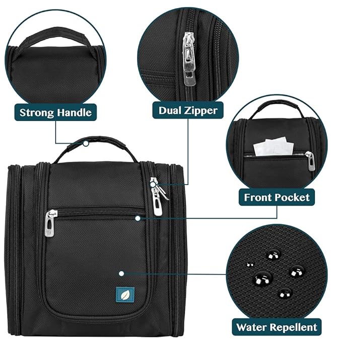 PAVILIA Toiletry Bag Travel Bag for Women Men, Hanging Cosmetic Organizer, Water Resistant Makeup Bag for Accessories Toiletries, Large Travel Essentials Kit (Black)