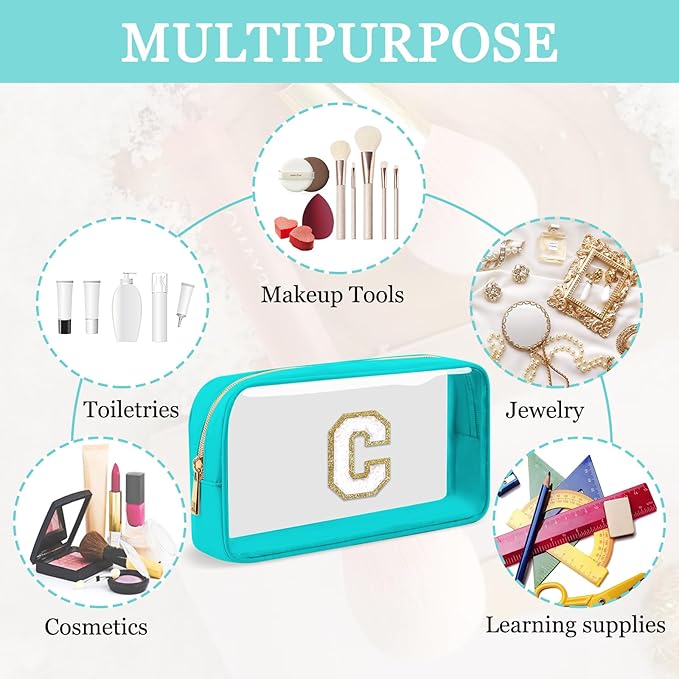 Small Clear Personalized Initial Makeup Bag,Nylon Preppy A-Z Chenille Letter Patch Cosmetic Pouch Beach Toiletry Bag,Waterproof Zipper Travel Purse Storage Bag Organizer for Women Girls(Cyan-White C)