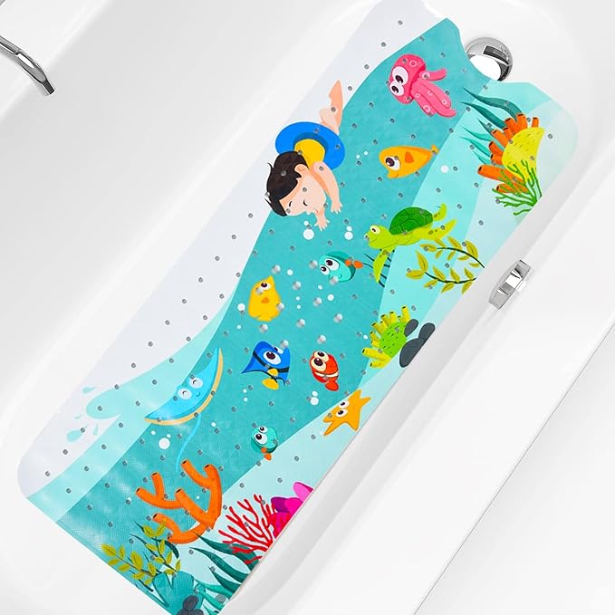 Baby Bath Mat for Tub Kids Non Slip Bathtub Mat Extra Long 40X16 Inch Shower Mat Toddler Anti Slip Bathroom Tub Mat with Suction Cups & Drain Holes (Sea World)