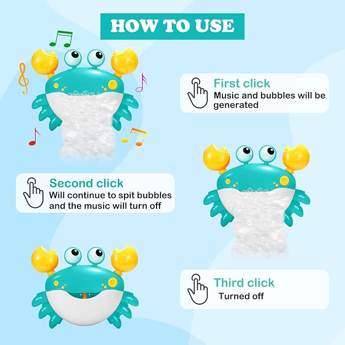 Crab Baby Bath Toys, Crab Bubble Bath Machine, Automatic Bath Toy Blows Bubbles & Plays Children’s Songs, Bathtub Bubble Maker - Kids Birthday Gift for 1 2 3 Year Old Boy Girl Azure