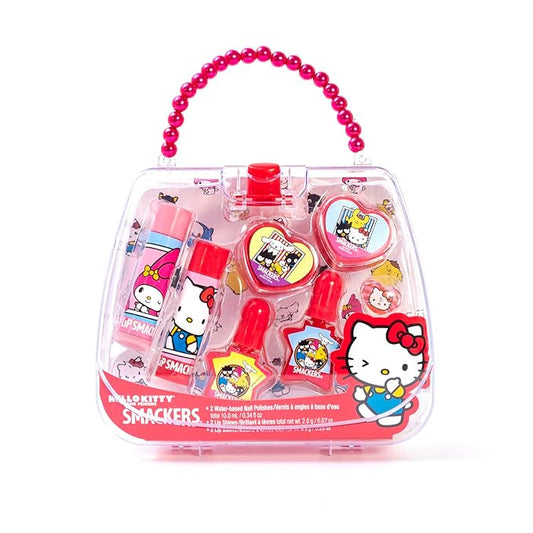 Lip Smacker Hello Kitty Nail Polish & Flavored Lip Balm Makeup Tote - Moisturizing Balms, Colorful Nail Polishes, Sanrio Accessory Ring, Stylish Tote Bag, Perfect Glam Gift for Hello Kitty Lovers