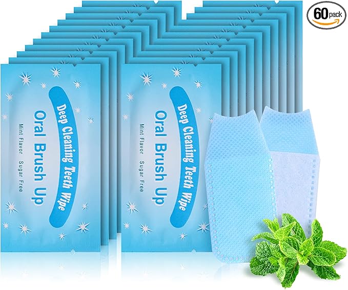 Mint-Flavored Oral Finger Wipes Teeth Whitening Wipes Oral Cleaning Wipe(Light Blue, 60 Pcs)