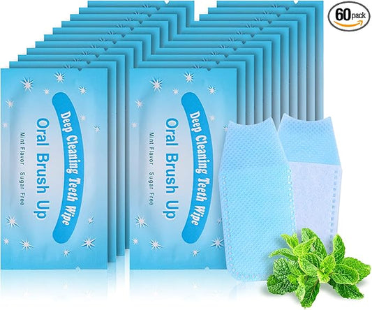 Mint-Flavored Oral Finger Wipes Teeth Whitening Wipes Oral Cleaning Wipe(Light Blue, 60 Pcs)