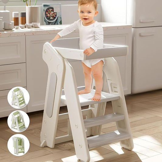 Toddler Tower Kitchen Stool Helper,Foldable/Adjustable Height Kids StandingTower Stool W/CPC Certification,for Kitchen Counter Bathroom Sink Cooking Child Ladder for Toddlers W/Safty Rail(Grey White)
