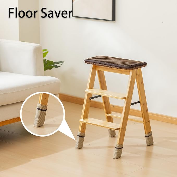 Latifolia Foldable 3 Step Ladder, Bamboo Step Stool with Floor Saver, Decorative Ladder Shelf for Living Room, Kitchen, Garden(Nature)