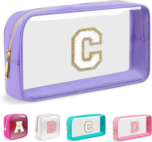 Small Clear Personalized Initial Makeup Bag,Nylon Preppy A-Z Chenille Letter Patch Cosmetic Pouch Beach Toiletry Bag,Waterproof Zip Travel Purse Storage Bag Organizer for Women Girls(Purple-White C)