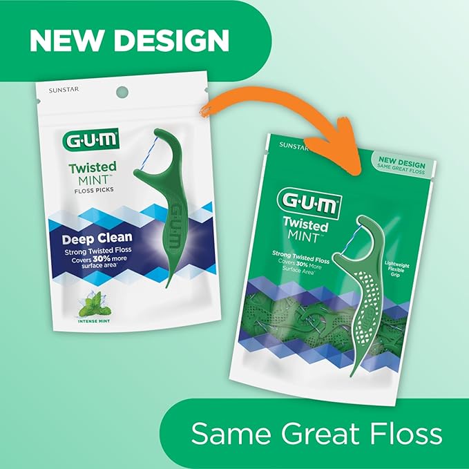 GUM Twisted Mint Floss Picks - Twisted Threads, Shred-Resistant Floss, Easy Grip Handle, 90 Count