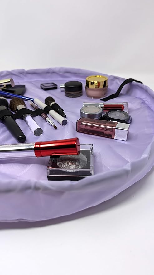 Lay-n-Go Cosmo Layflat Drawstring Cosmetic & Makeup Bag Organizer - Portable Drawstring Bag w/Zipper Pocket, Makeup Loops & More - Durable, Machine Washable Toiletry Bag for Travel (20", Quilted)