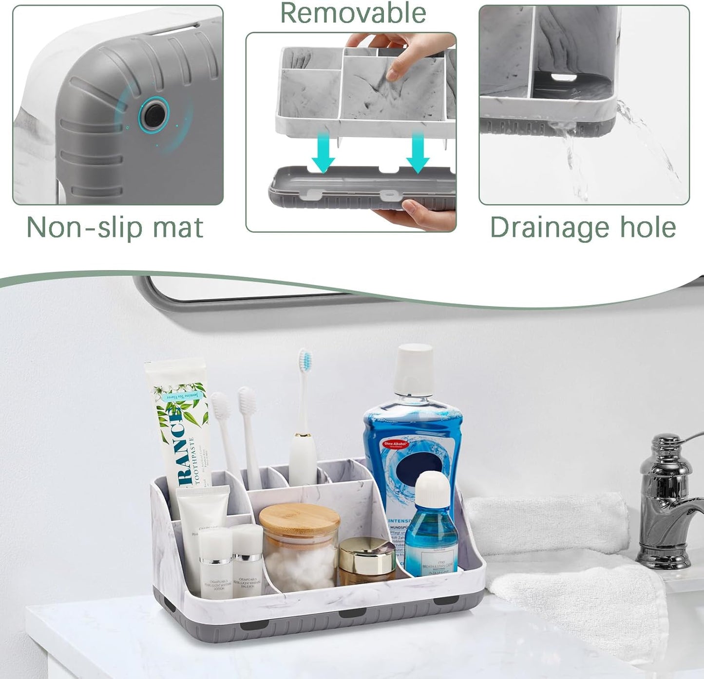 Marble Bathroom Countertop Organizer - Detachable 7 Slots Kids Electric Toothbrush and Toothpaste Holde Drainage for Bathroom Accessories Organization Counter Vanity Storage, Grey