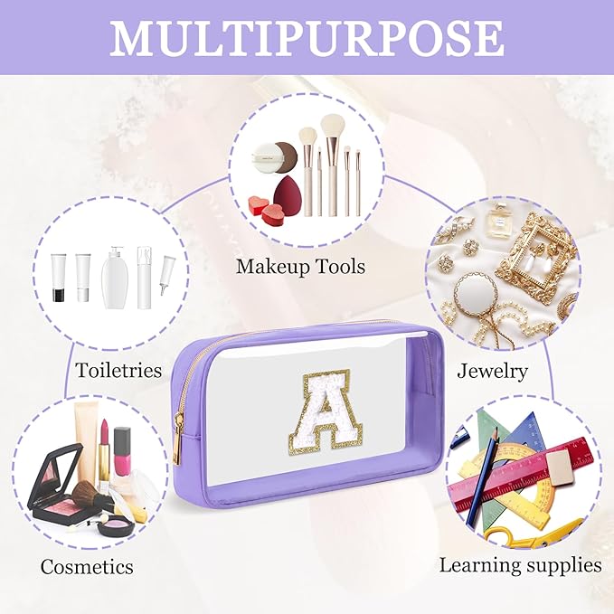 Small Clear Personalized Initial Makeup Bag,Nylon Preppy A-Z Chenille Letter Patch Cosmetic Pouch Beach Toiletry Bag,Waterproof Zip Travel Purse Storage Bag Organizer for Women Girls(Purple-White A)