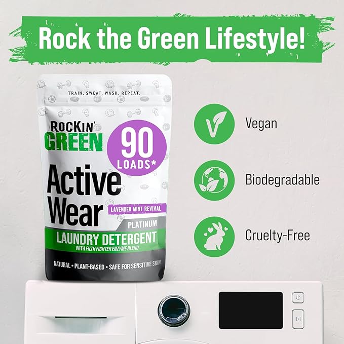 Rockin' Green Laundry Detergent, Plant based, All Natural Laundry Detergent Powder, Vegan and Biodegradable Odor Fighter, Safe for Sensitive Skin (Active Wear 90 Loads - Lavender Mint)