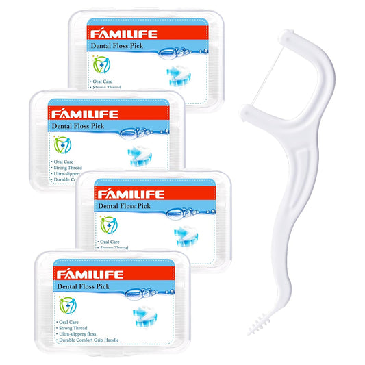 FAMILIFE Floss Picks, 200 Count Unflavored Dental Floss Cleaner, Tooth Picks Flossers with 4 Travel Handy Cases, Helps to Fight Tooth Decay and Keep Your Teeth Clean, Sticks for Family