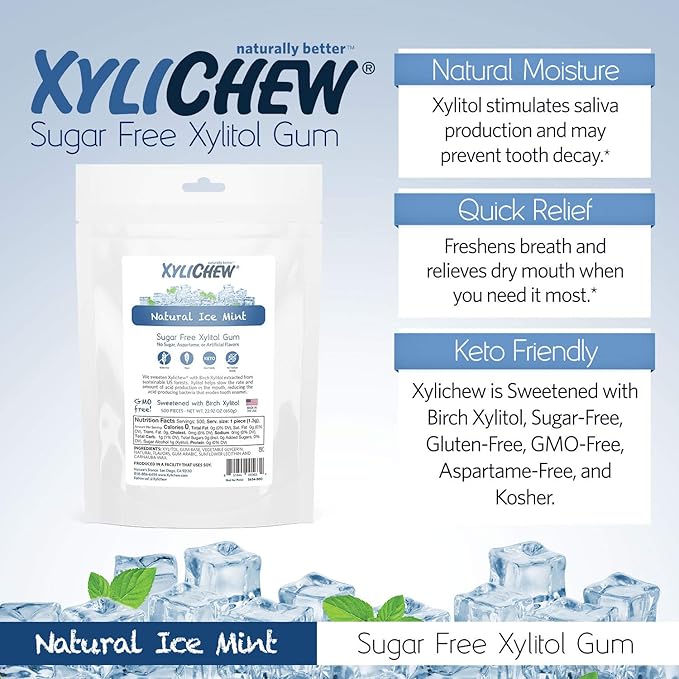Xylichew 100% Xylitol Chewing Gum - Non GMO, Non Aspartame, Gluten Free, and Sugar Free Gum - Natural Oral Care, Relieves Bad Breath and Dry Mouth - Ice Mint, 500 Count
