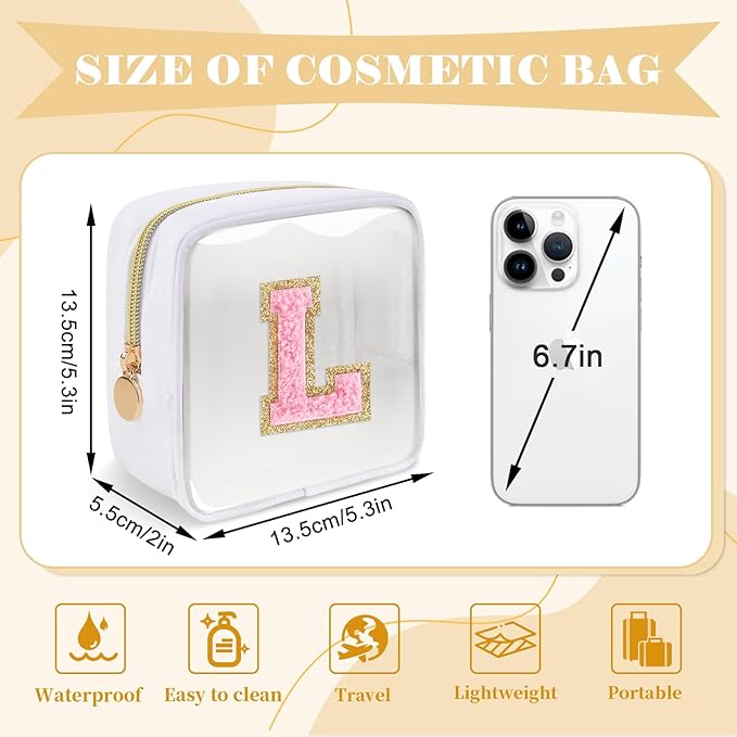 Personalized Initial Letter Clear Preppy Makeup Bag,Mini Nylon Chenille Letter Cosmetic Bag Cute Zipper Pouch Purse for Teen Girls,Portable TSA Approved Beach Travel Essentials Bag Gift for Women,L
