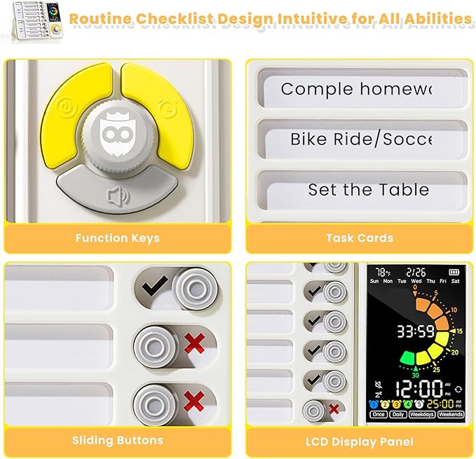 5 IN 1 Visual Timer for Kids/Adults with Chore Chart, ADHD Tools 12/24H Silent Task Timer and Pomodoro Timer, ADHD & Autism Sensory Products, Visual Schedule for Kids Back to School Supplies Off-white