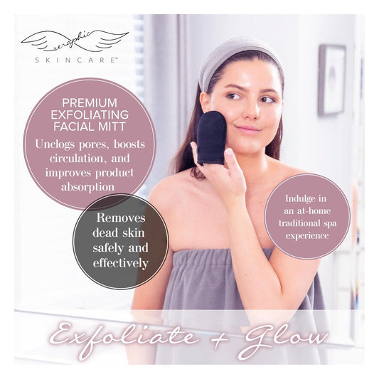 Seraphic Skincare Premium Exfoliating Facial Mitt – 100% Vegan Dual-Sided Face Scrubber with Viscose Washcloth – Makeup Remover Cloth for Gentle Cleansing & Exfoliation – Natural Dead Skin Remover