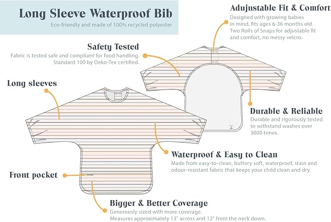 Loulou Lollipop Long Sleeve Mess Free Waterproof Bibs, for baby boys and girls 6-36 Months, Machine Washable, Travel Friendly