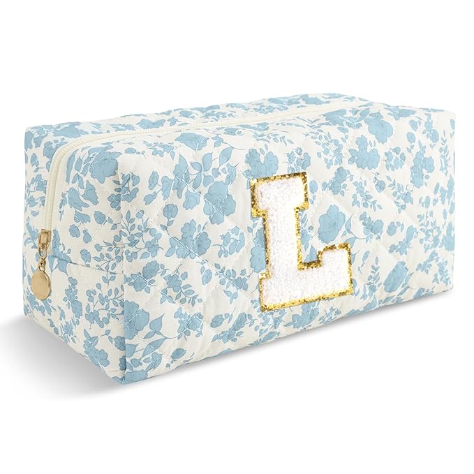 Personalized Quilted Cosmetic Bag, Puffy Monogrammed Christmas Birthday Gifts for Women & Girls, Cute initial Floral Makeup Bag Puffer Coquette Bag, Aesthetic Travel Toiletry Zipper Pouch(Blue,L)