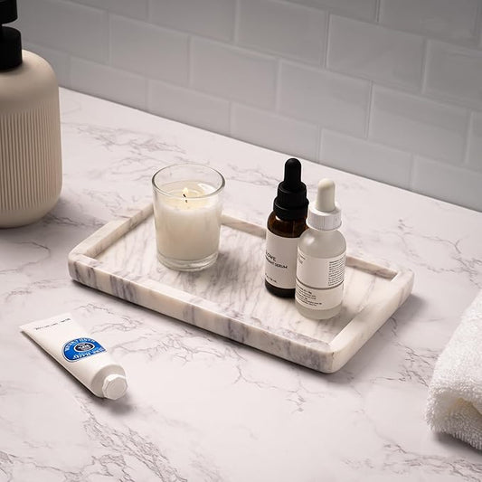 Cork & Mill Marble Tray for Bathroom Countertop, Kitchen Counter, or Catchall - 8 3/4" x 5" Small Rectangular Vanity Tray for Skincare or Perfume - Handcrafted Natural White Marble Stone Organizer