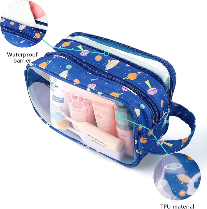 Space Kids Toiletry Bag for Boys, Travel Clear Toiletry Bag for Little Young Boys Waterproof Hanging Wash Bag Toddler Traveling Toiletries, Navy Blue