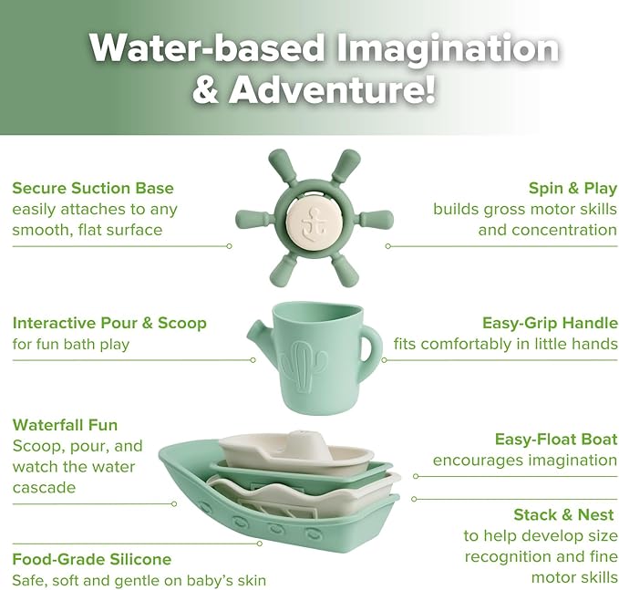 Haakaa Nautical Silicone Baby Bath Toys Set, Food Grade Silicone Bathtub Toys for Toddlers, Mold-Free Stacking Boats & Spinner Toy & Pouring Cup, BPA Free Floating Tub Toys for Baby 6M+